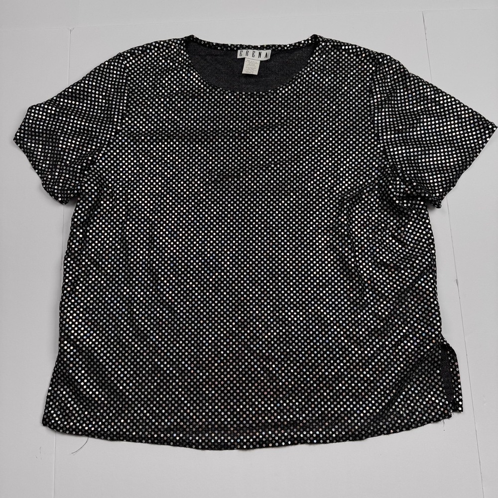 Erena Shirt Womens Large Black Silver Sequin Polka Dot Party Top Made USA